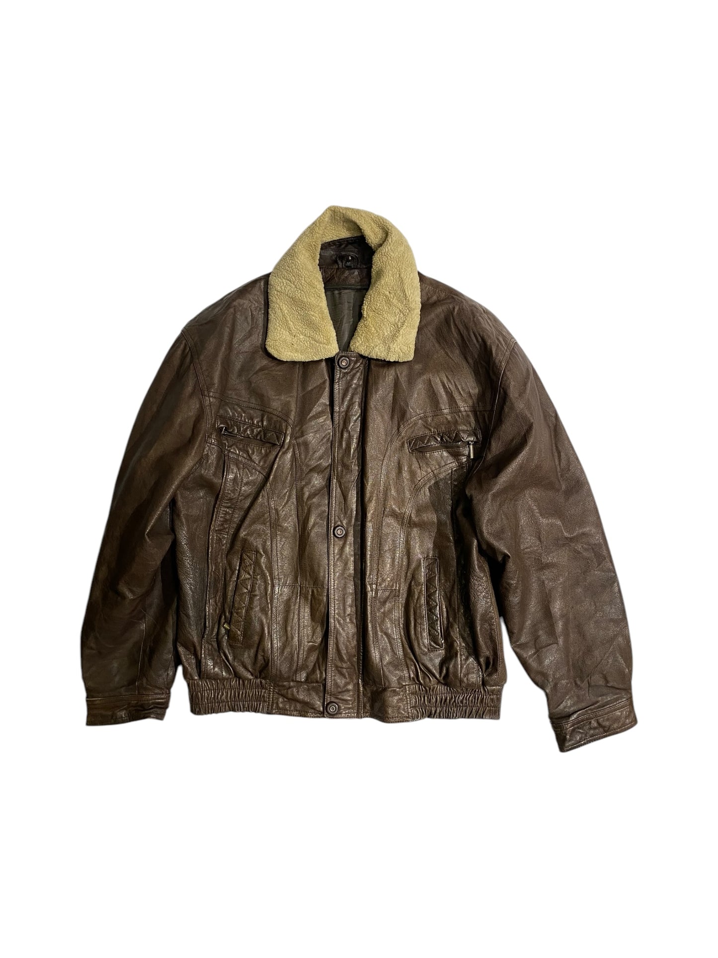 Vintage brown leather jacket with fur collar
