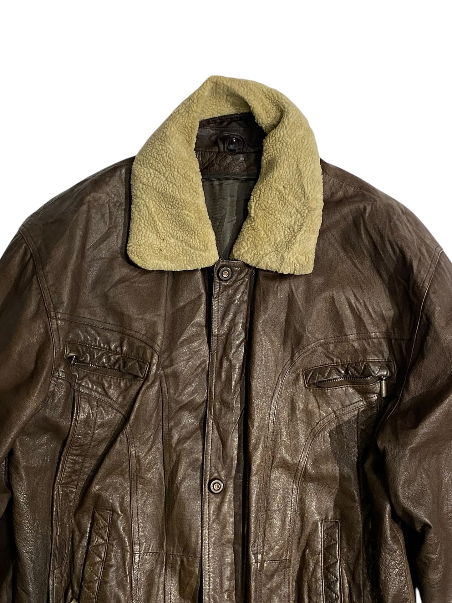 Vintage brown leather jacket with fur collar
