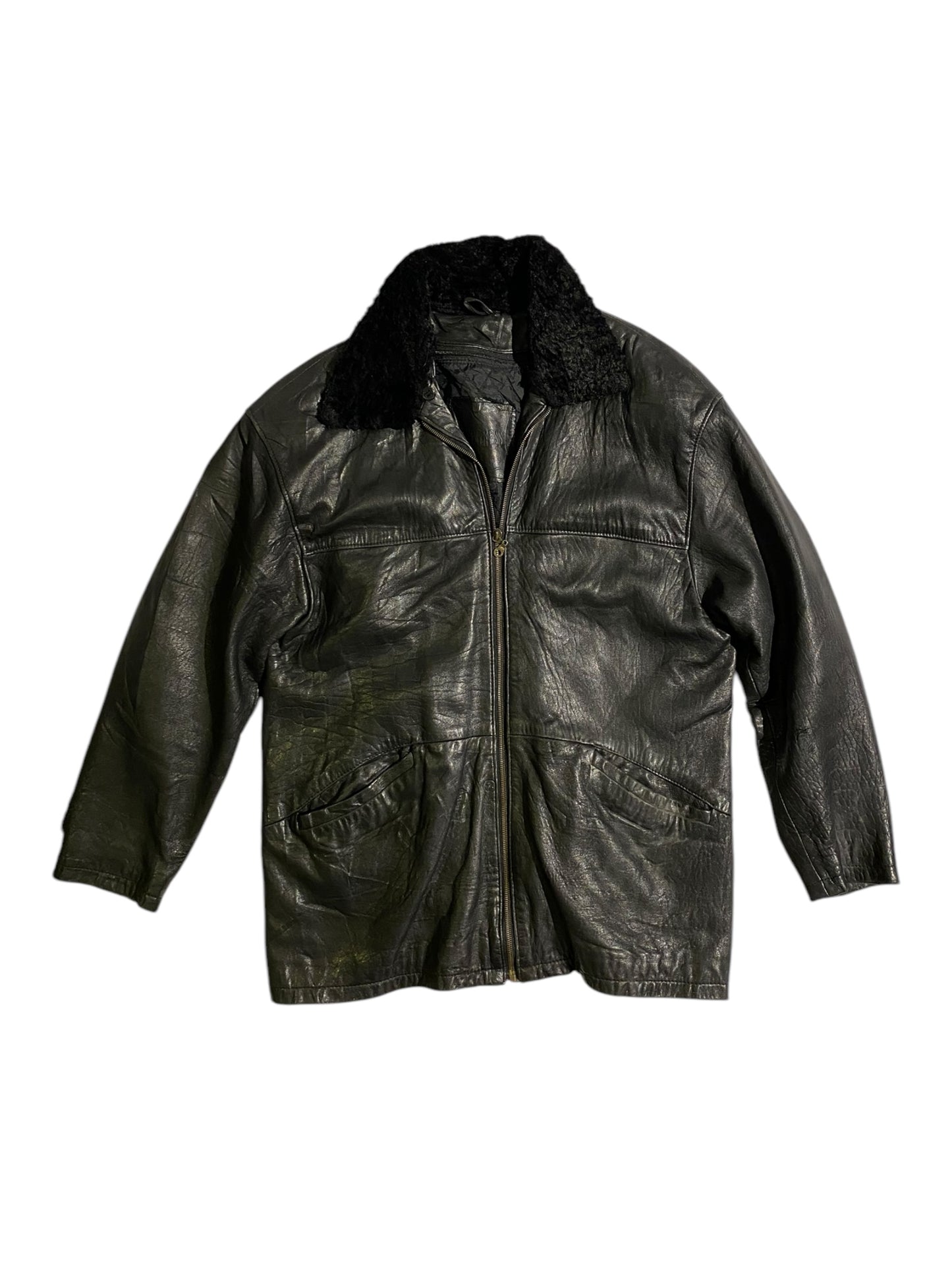 Vintage leather coat with fur collar